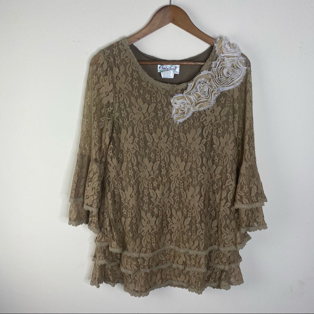 Lady noiz lace brown ruffled floral tunic top women’s size small 3/4 bell sleeve